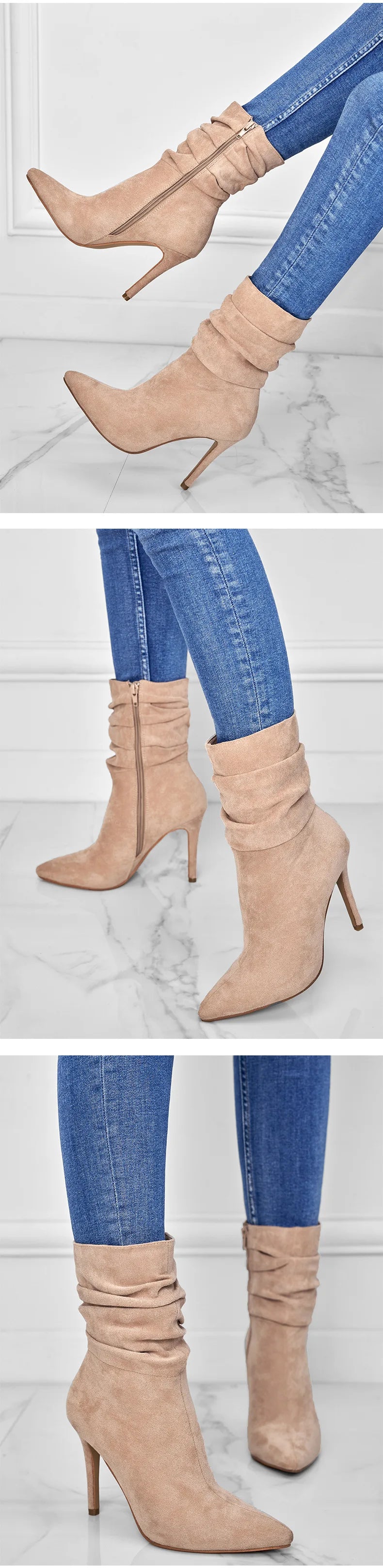 Pointed Toe Suede Ankle Boots With Side Zipper for Women