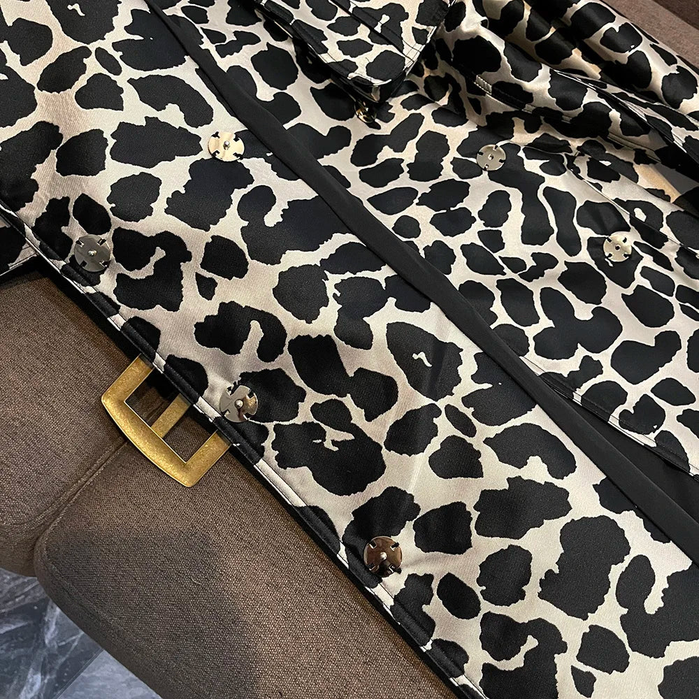 TWOTWINSTYLE British Style Leopard Print Coat For Women Lapel Long Sleeve Spliced Belt Temperament Trench Coats Female KJA545065