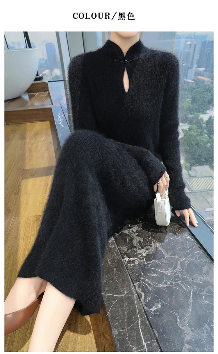 Cashmere Knit Dress with Stand Up Collar and Buckle for Women
