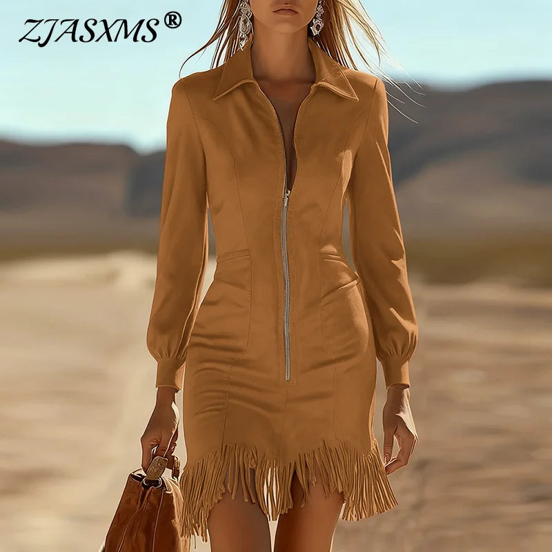 Vintage Clothes Woman Elegant Turn-down Collar Zipper Slim Tassel Dress 2026 Spring Fashion Solid Suede Long Sleeve Boho Dresses