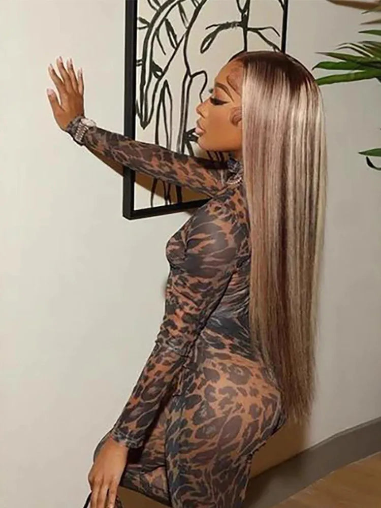 Leopard Print Mesh Flowy Long Sleeve Jumpsuit for Women