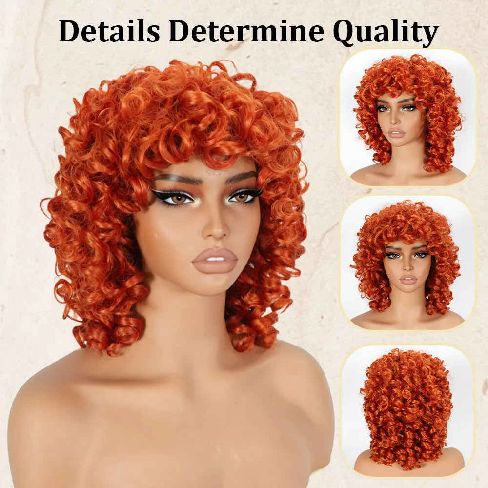 Glueless Natural Ginger Afro Curly Wig With Bangs For Women
