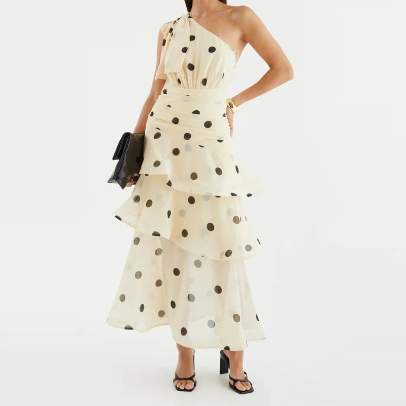 Elegant Polka Dot Ruffle Draped Maxi Dress for Women