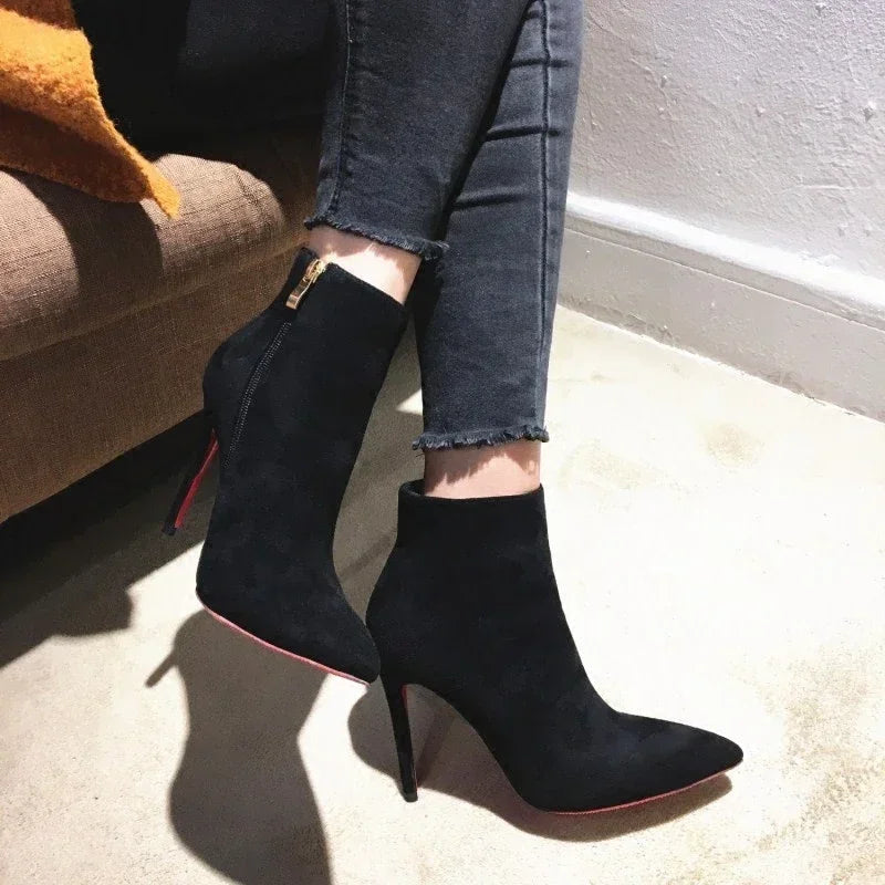 Pointed Toe Soft Leather Ankle Boots With Thin Heels for Women