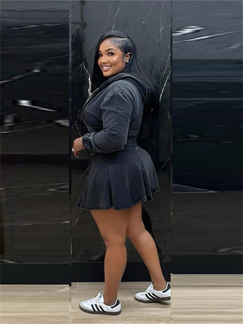 Hooded Denim Crop Top And Pleated Skirt Set for Women