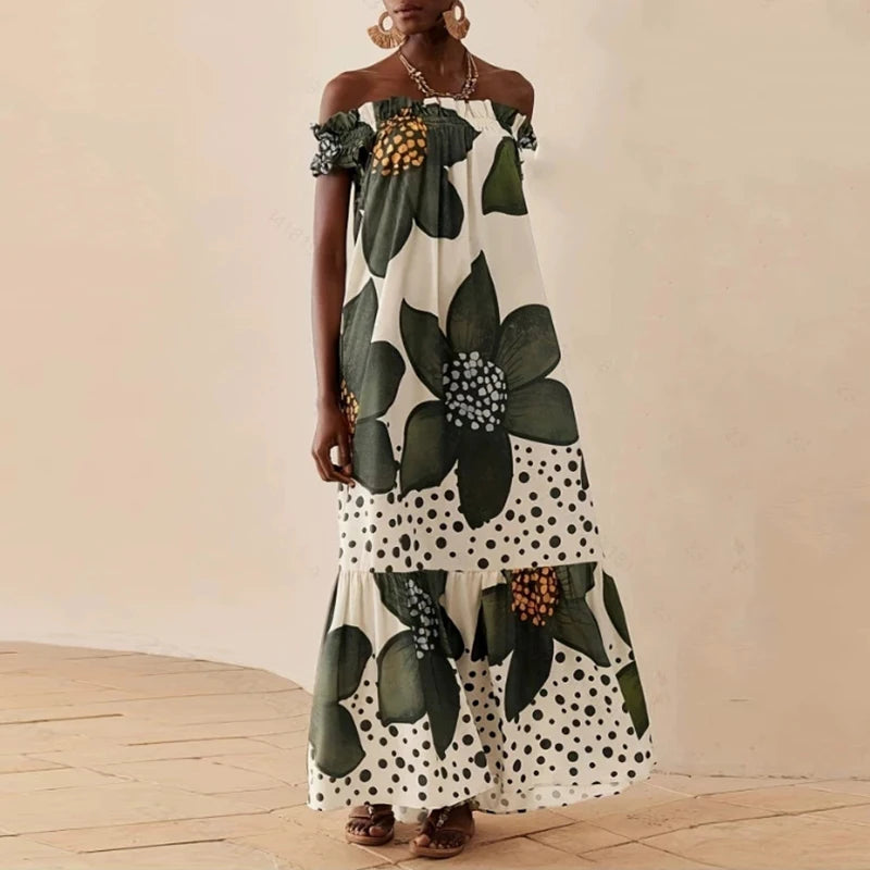 Sexy Off Shoulder Hight Waist Holiday Dress Fashion Pattern Print Loose Party Dress Women's Casual Short Sleeve Bohe Long Dress