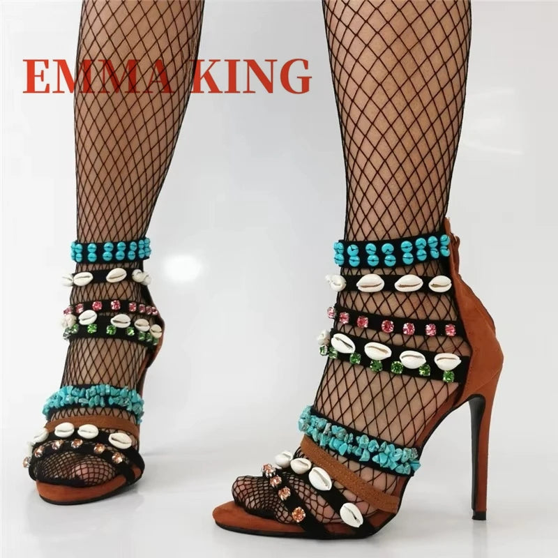 Crystal Shell Decor Stiletto Sandals for Women Party Footwear
