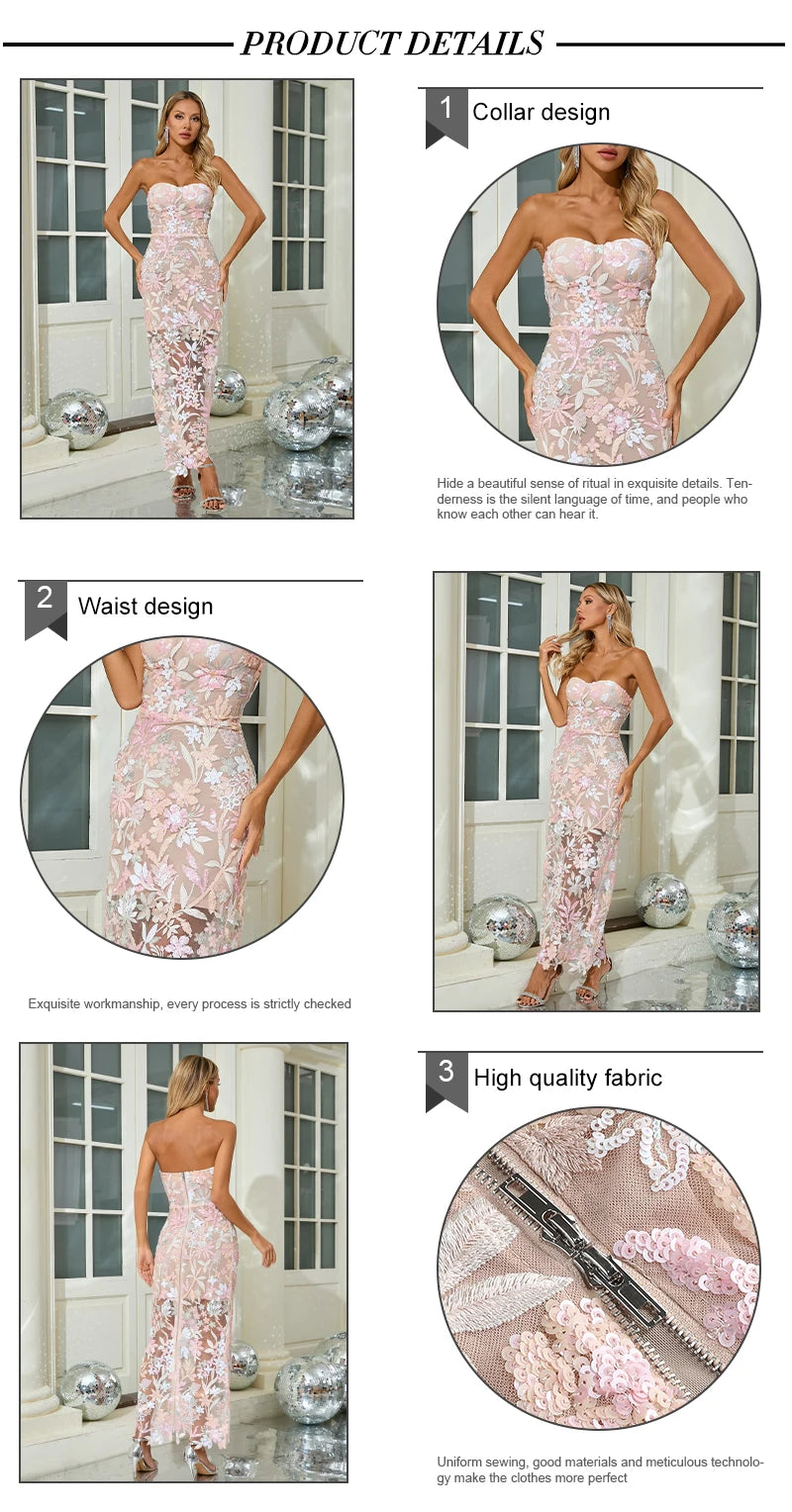Floral Embroidery Sequin Patchwork Mesh Long Backless Dress for Women