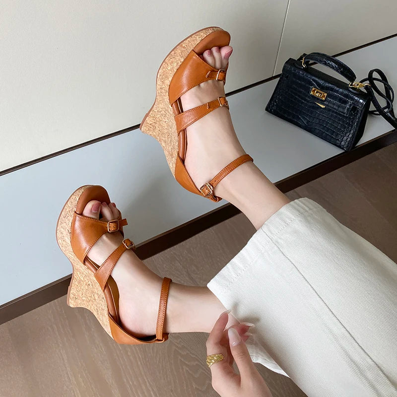 Elegant Apricot Buckle Platform Thick Heel Wedge Sandals for Women