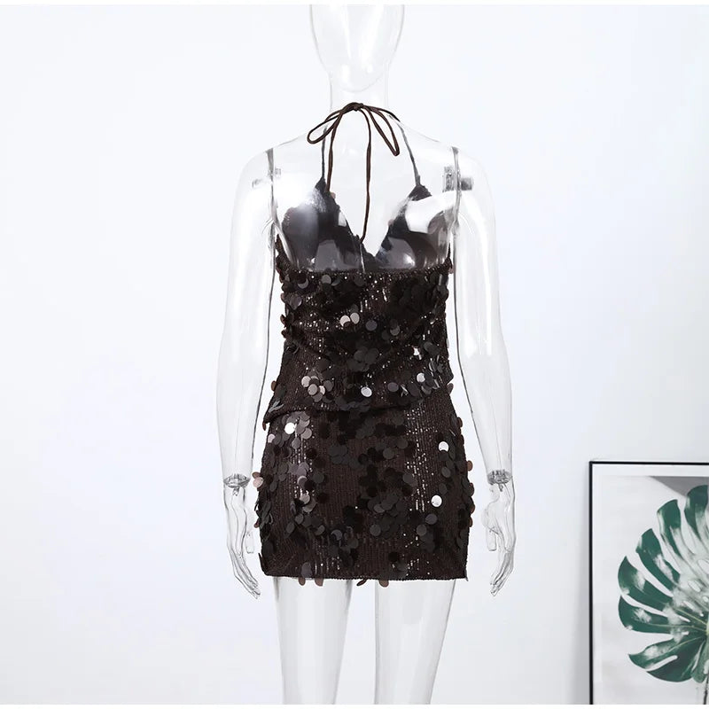 Sequin Halter Two Piece Top and Mini Skirt Set for Women