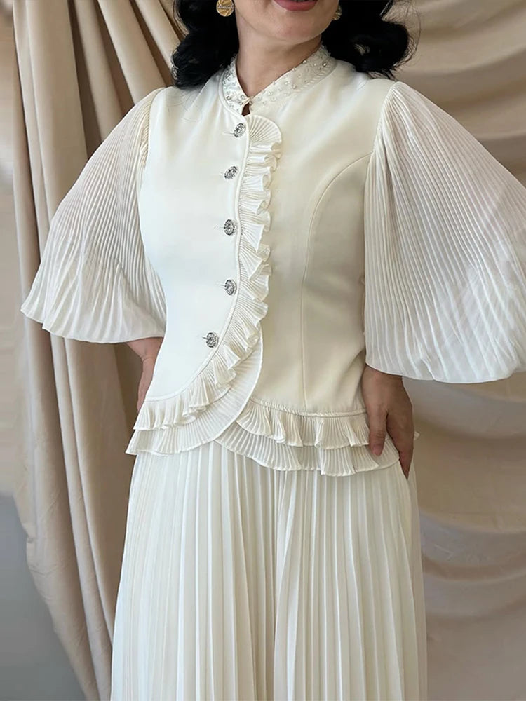 Ruffle Lantern Sleeve Top and Pleated Skirt Set for Women