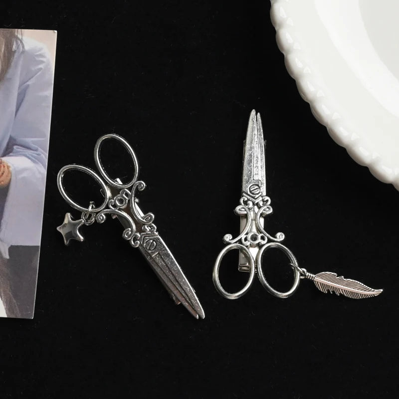 Gothic Punk Scissor Hair Clips With Star And Feather Details for Women