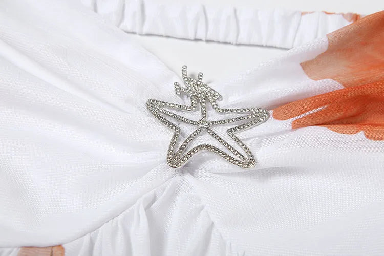 Nibber Backless Metal Starfish Dress Women Low-Nec Chest Wrap Halter Irregular Ruffles Hem Sleeveless Vacation Mini Bodycon