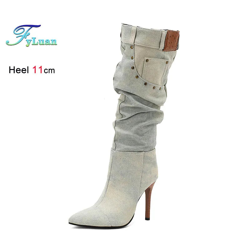 Fashion Knee High Pointed Pleated Denim Boots With Stiletto Heels For Women