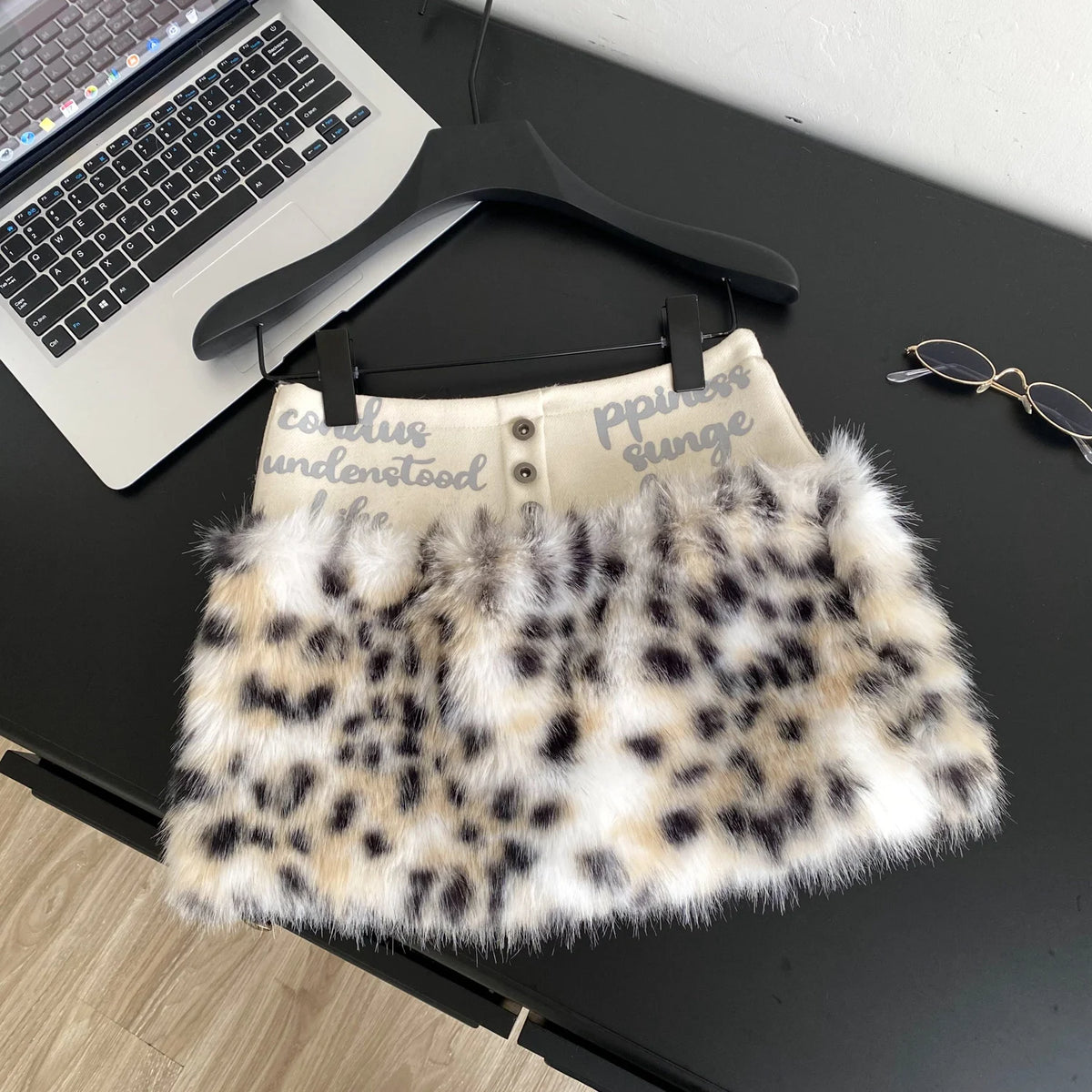 Leopard Print Furry A-Line Mini Skirt With Zipper for Women