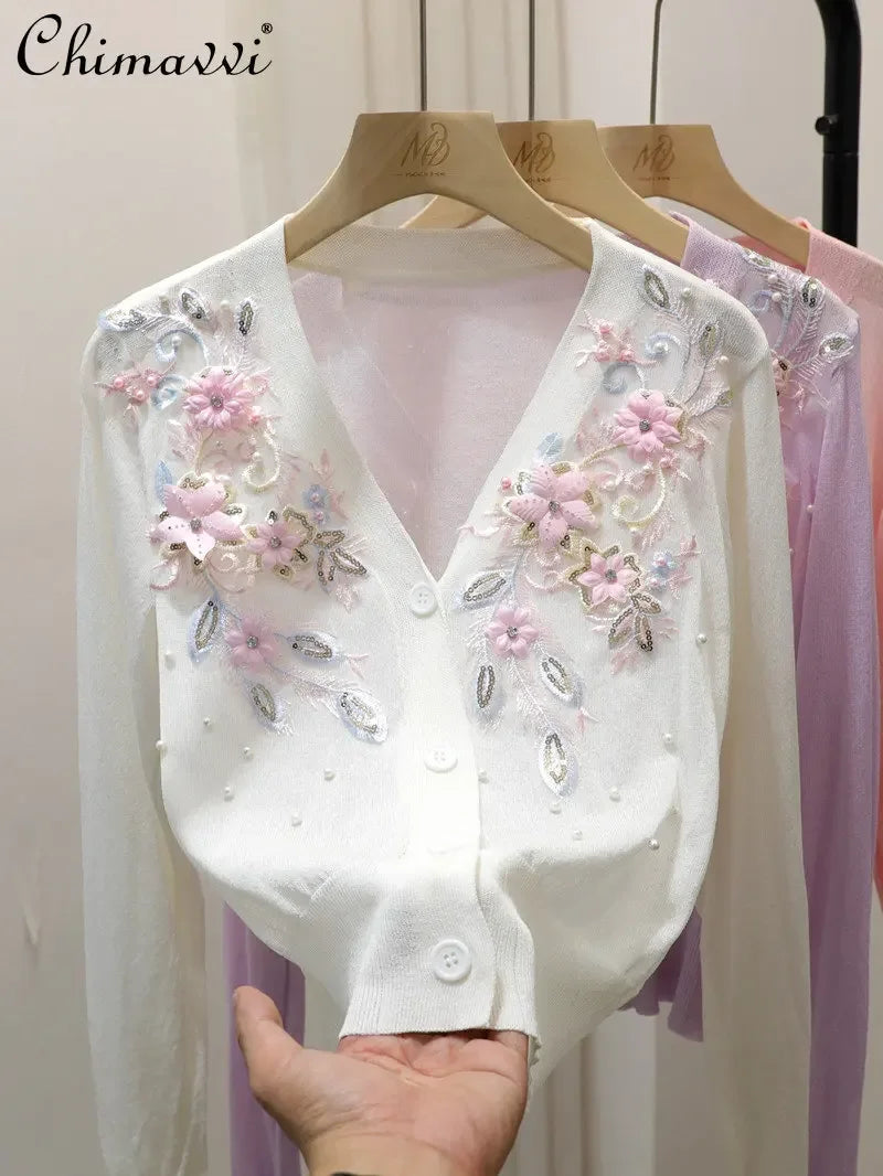 French Exquisite Embroidered Flowers V-neck Short Knitted Top Women Summer Fashion Retro Artistic Thin Sun Protection Cardigan