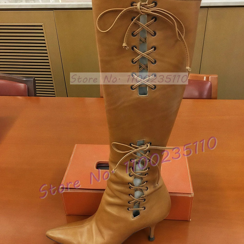 Tan Cross Tied Knee High Boots Women Sexy Pointed Toe Hollow Out Leather Thin High Heels Cool Streetwear Mid Heel Side-zip Boots