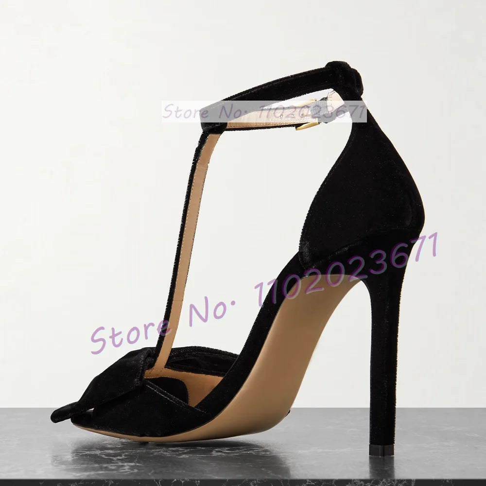 Bow-embellished Velvet Sandals Women's Luxury T Strap Square Toe High Heels Sandals Newest Luxury Party Trendy Cover Heel Shoes