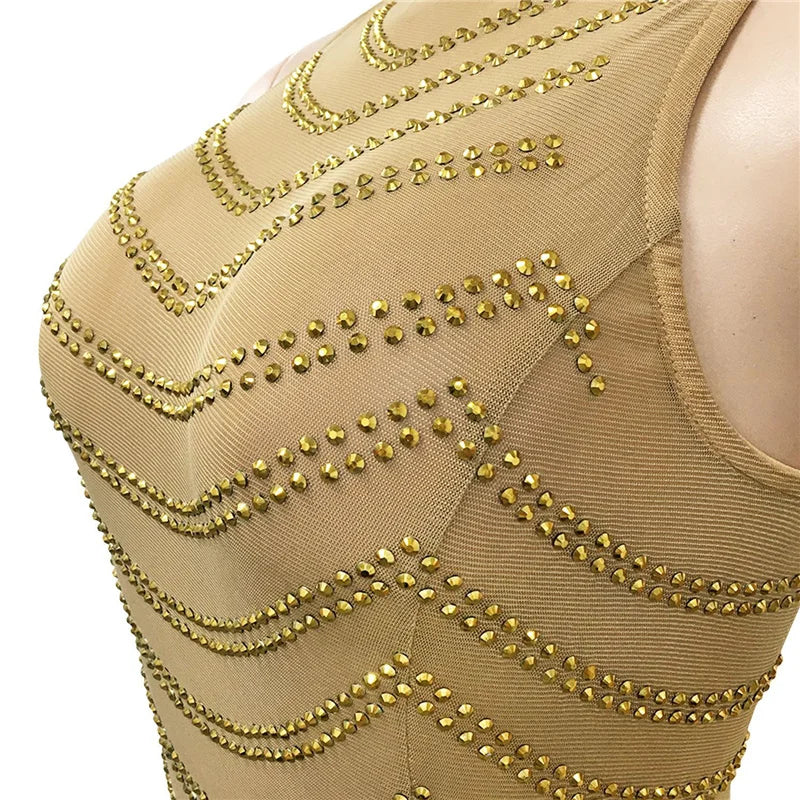 Backless Crystal Rhinestone See Through Bodycon Maxi Dress for Women