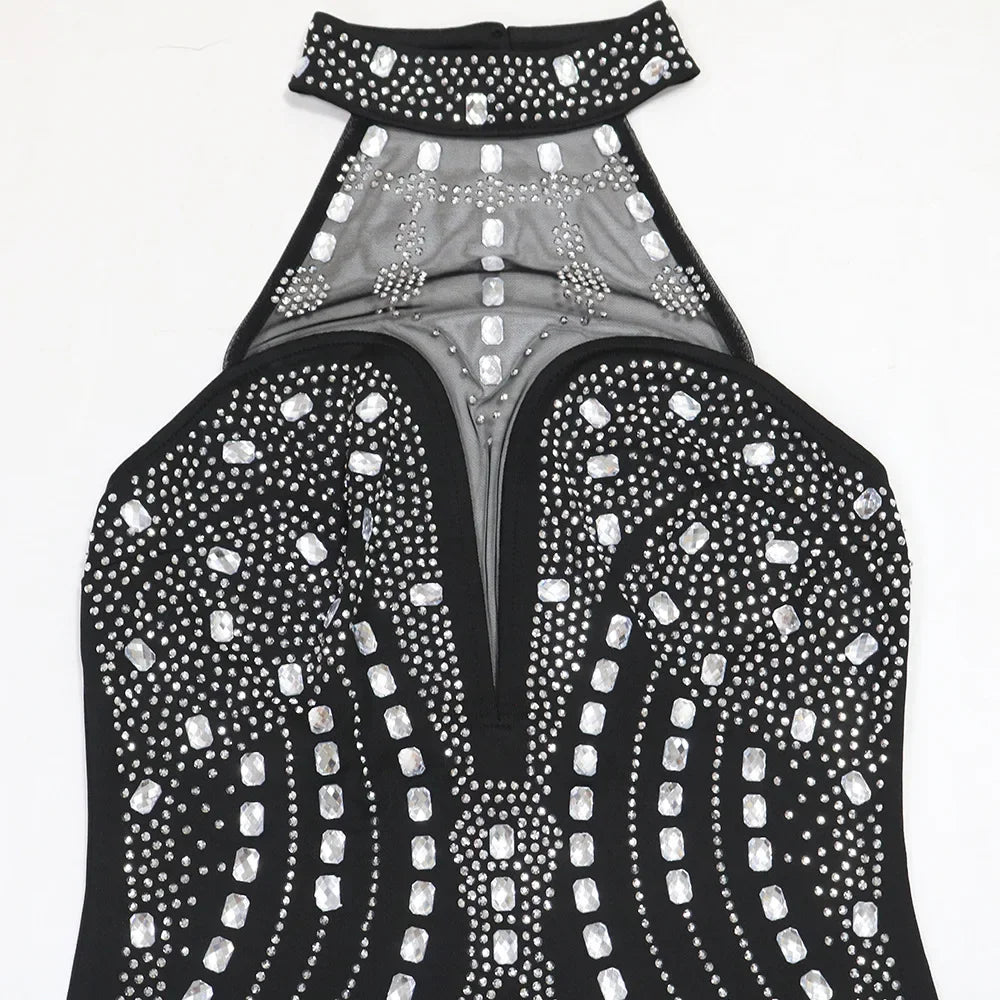 Rhinestone Embellished Sleeveless Bodycon Midi Dress for Women