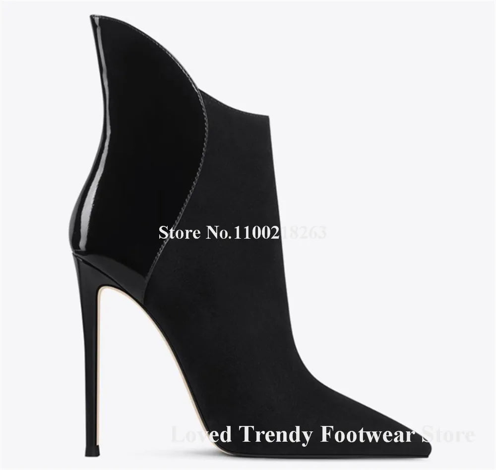 Suede Patchwork Patent Leather Stiletto Ankle Boots for Women