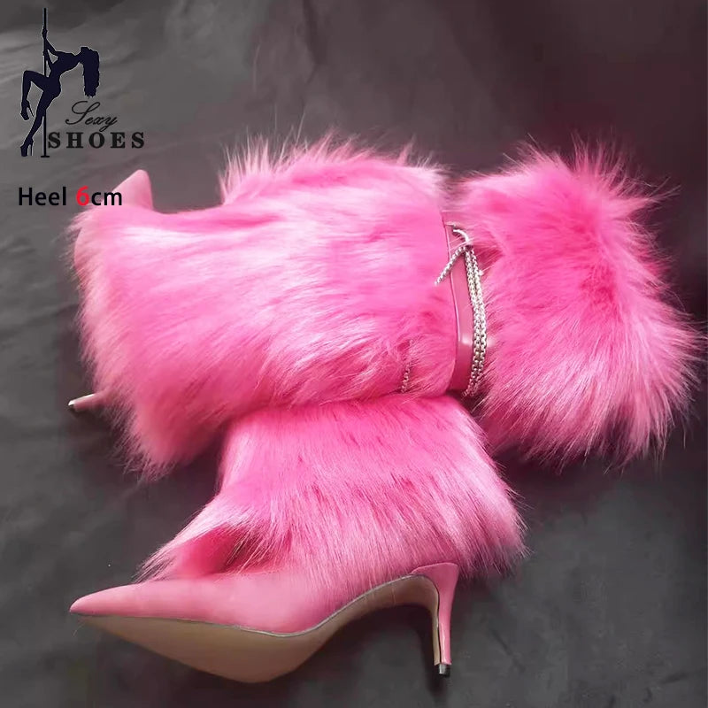 Elegant Faux Fur Knee High Stiletto Boots for Women