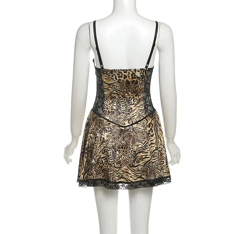 Sexy Skirt Women Product Backless Slim Fit Perspective Lace Leopard Print Patchwork Suspender Short Dresses 2025 Autumn Winter