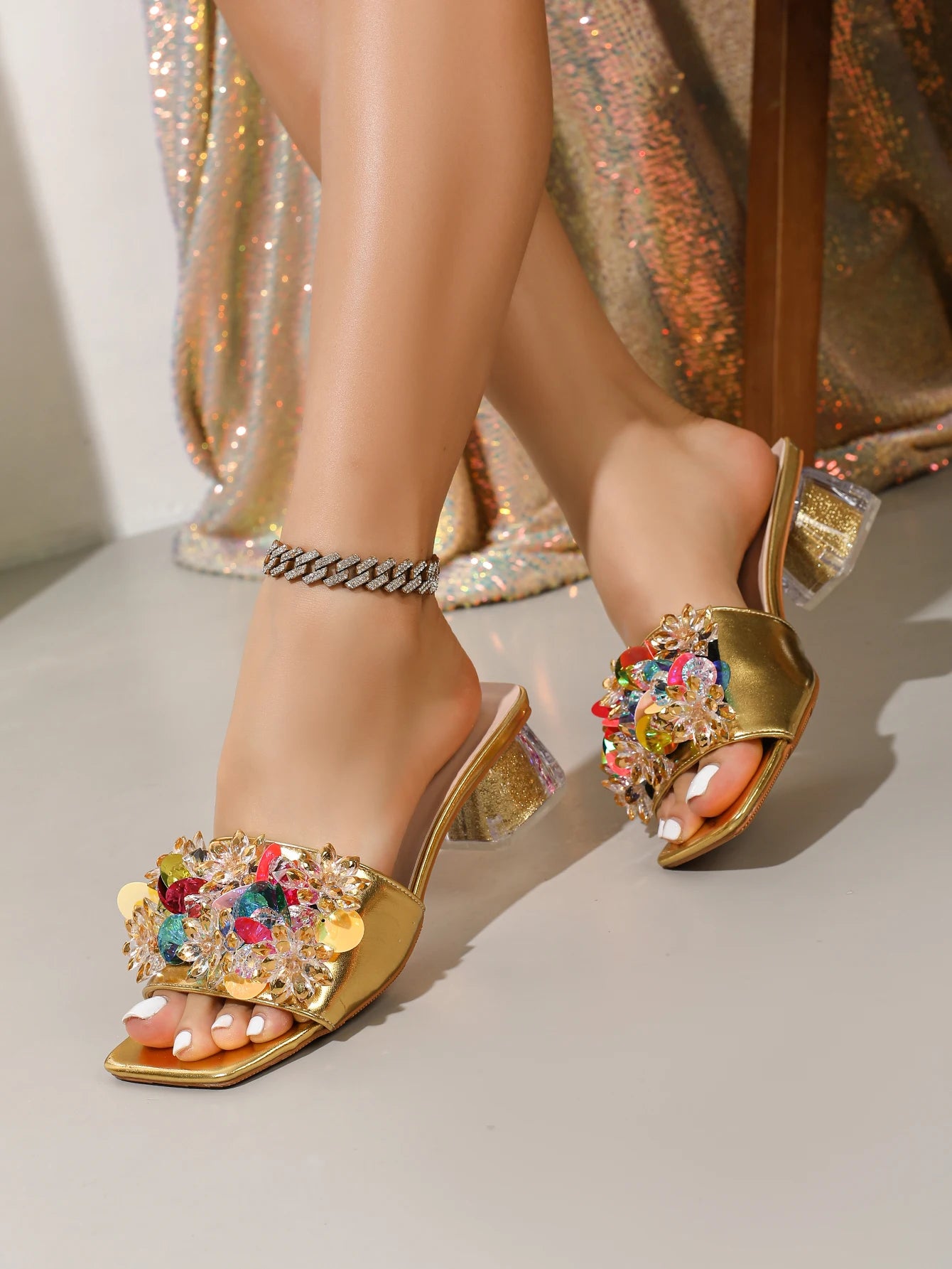 Bohemian Style Gold Rhinestone High Heel Sandals for Women