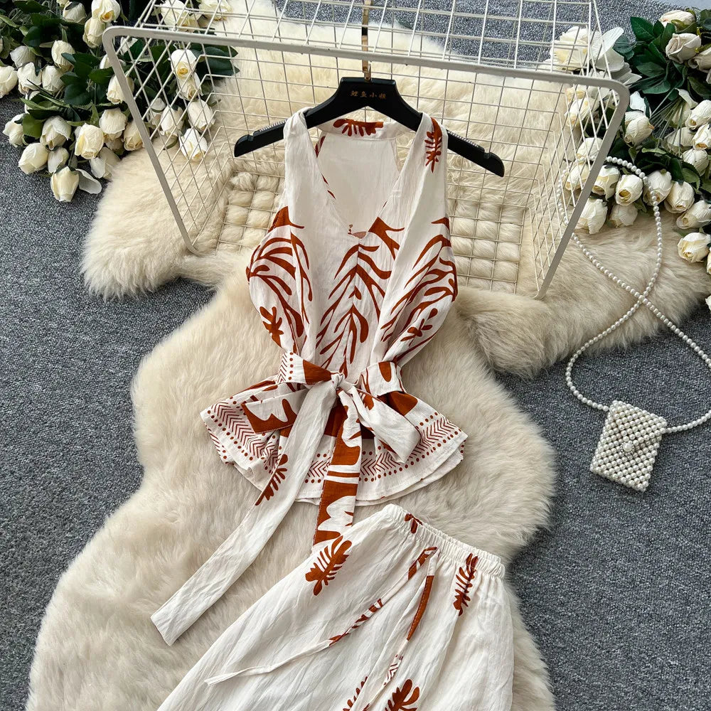 Boho Print Lace-Up Tank Top and Wide-Leg Pants Set for Women