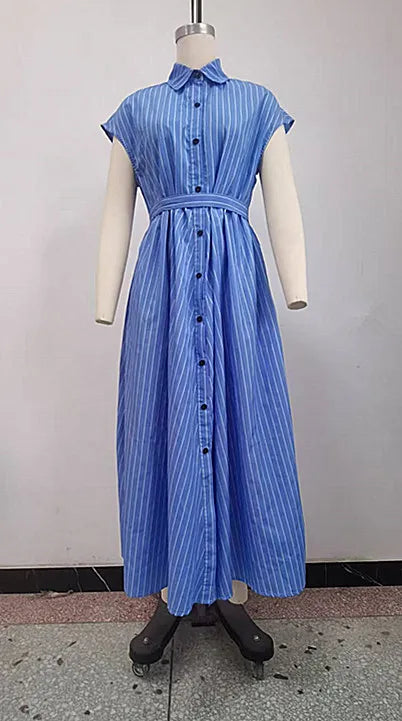 Vintage Striped Flounce Neck Shirt Collar Dress For Women