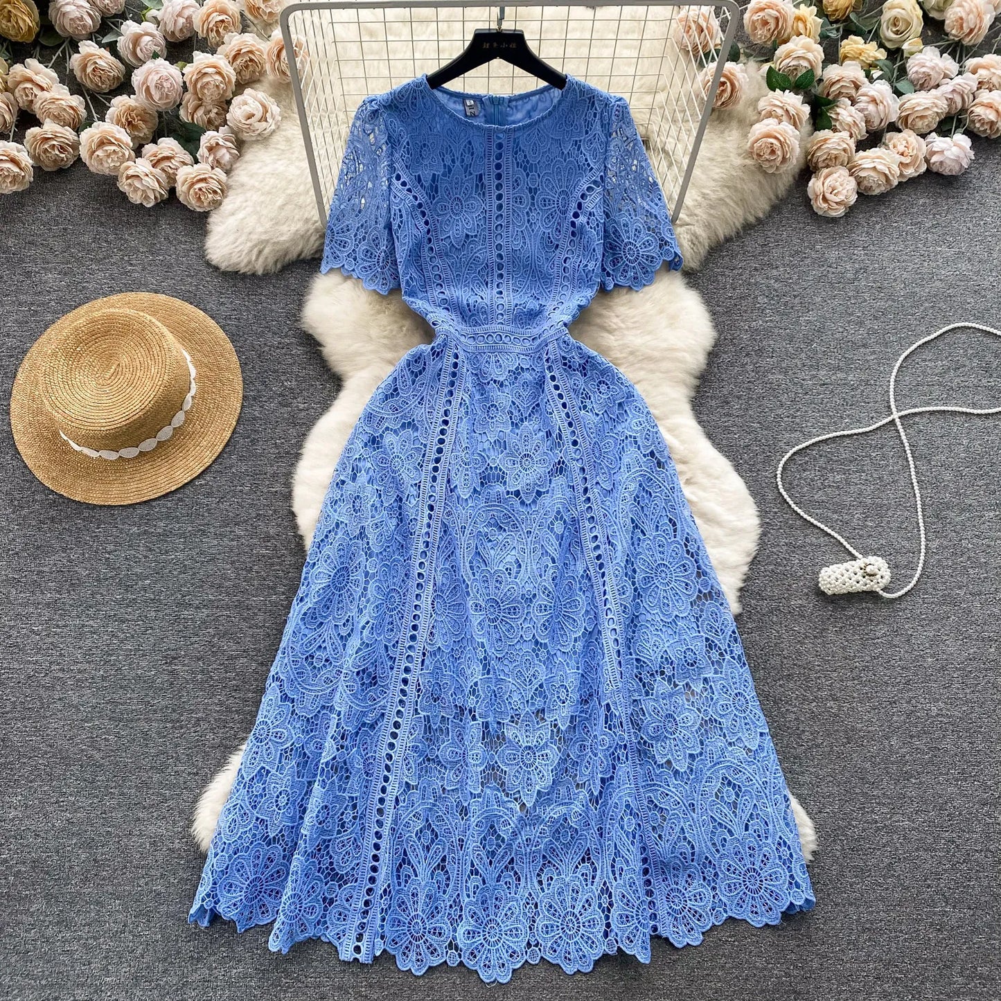 Korean Version Retro High-end Round Neck Lotus Leaf Sleeve Lace Dress for Women's 2026 Summer New Temperament Elegant Long Dress