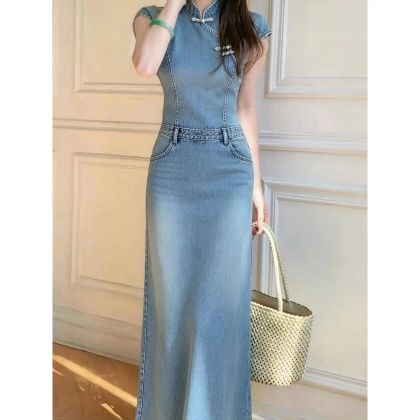 ANJY Spring Summer New Women Chinese Style Washed Denim Cheongsam Dress Elegant Vintage Design Niche Stylish Long Dresses A25172