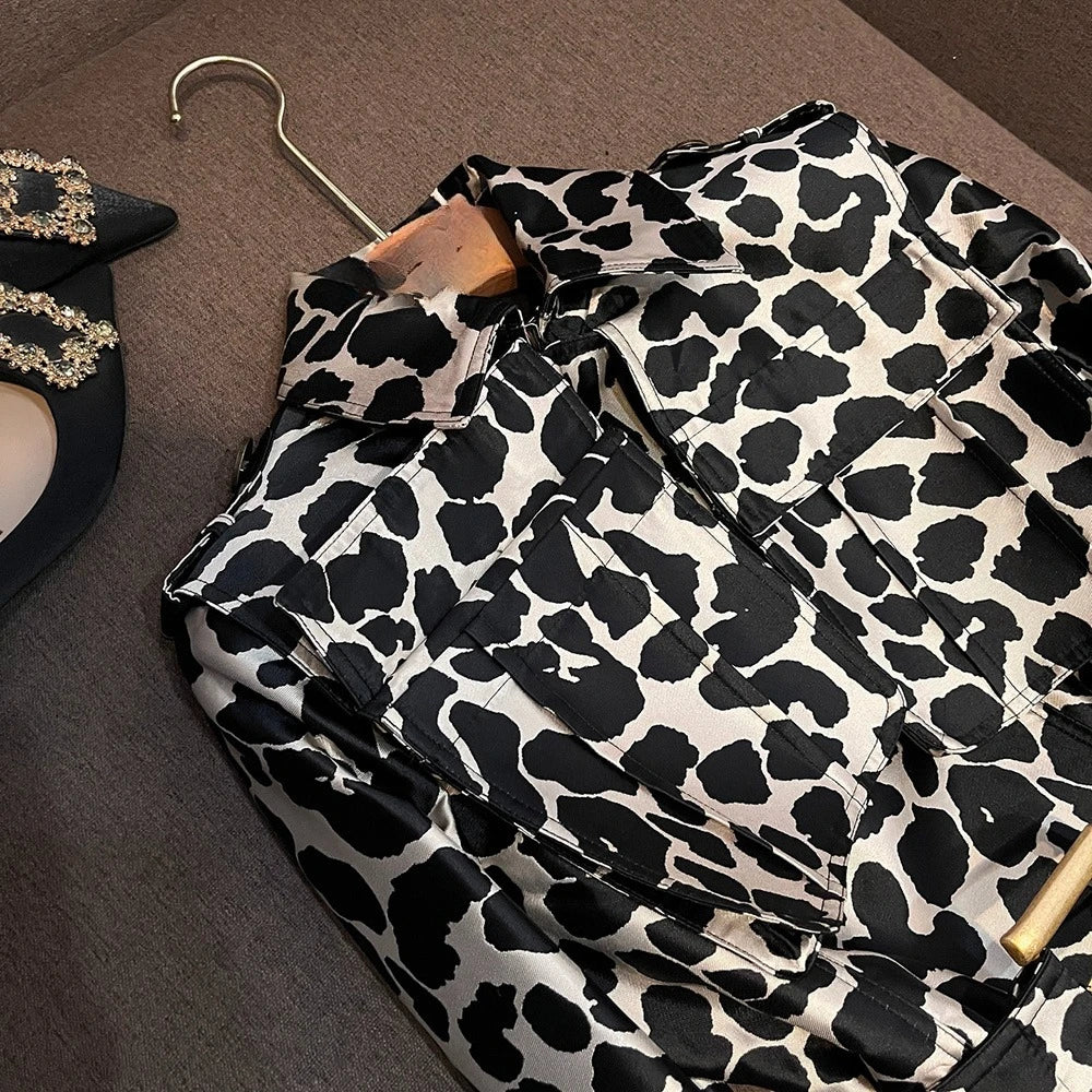 TWOTWINSTYLE British Style Leopard Print Coat For Women Lapel Long Sleeve Spliced Belt Temperament Trench Coats Female KJA545065