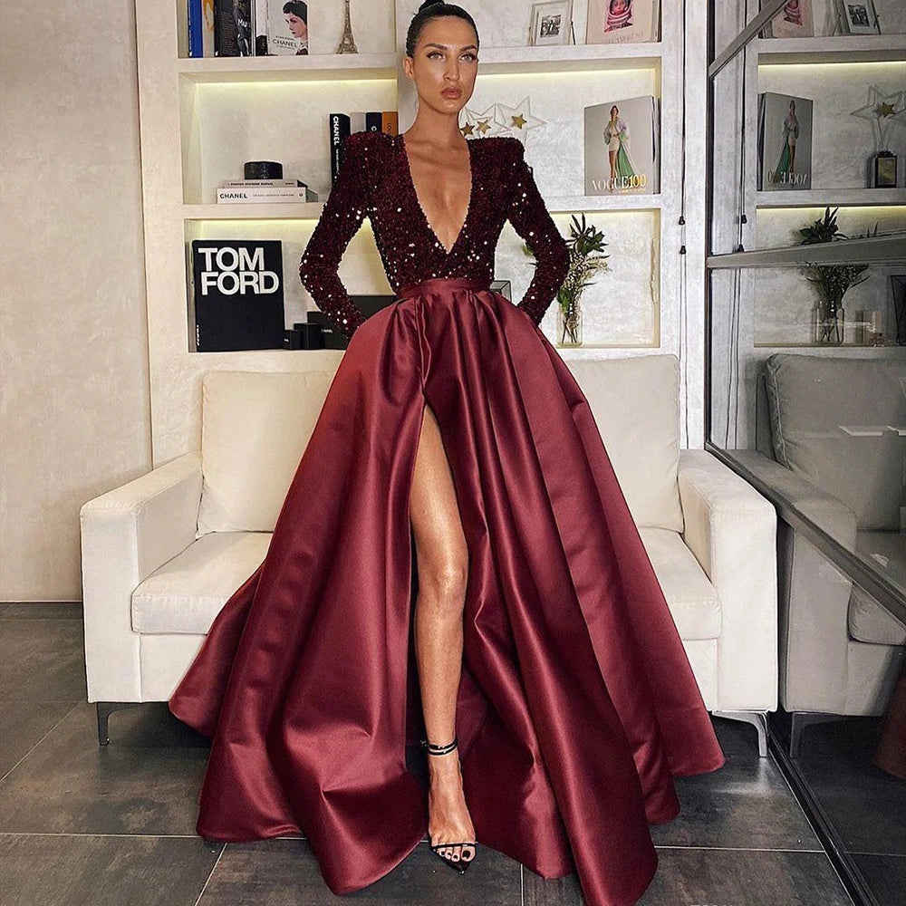 Sequin Deep V Neck Floor Length Evening Dress for Women