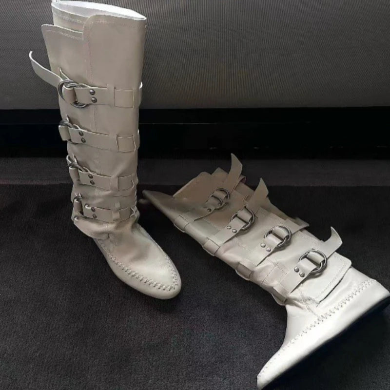 Flat Bottom Real Leather Mid Calf Boots With Metal Buckle For Women