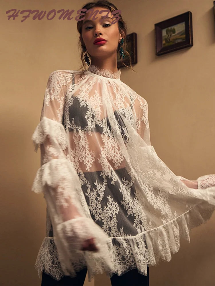 Lace See Through High Neck Long Sleeves A Line Mini Dress for Women