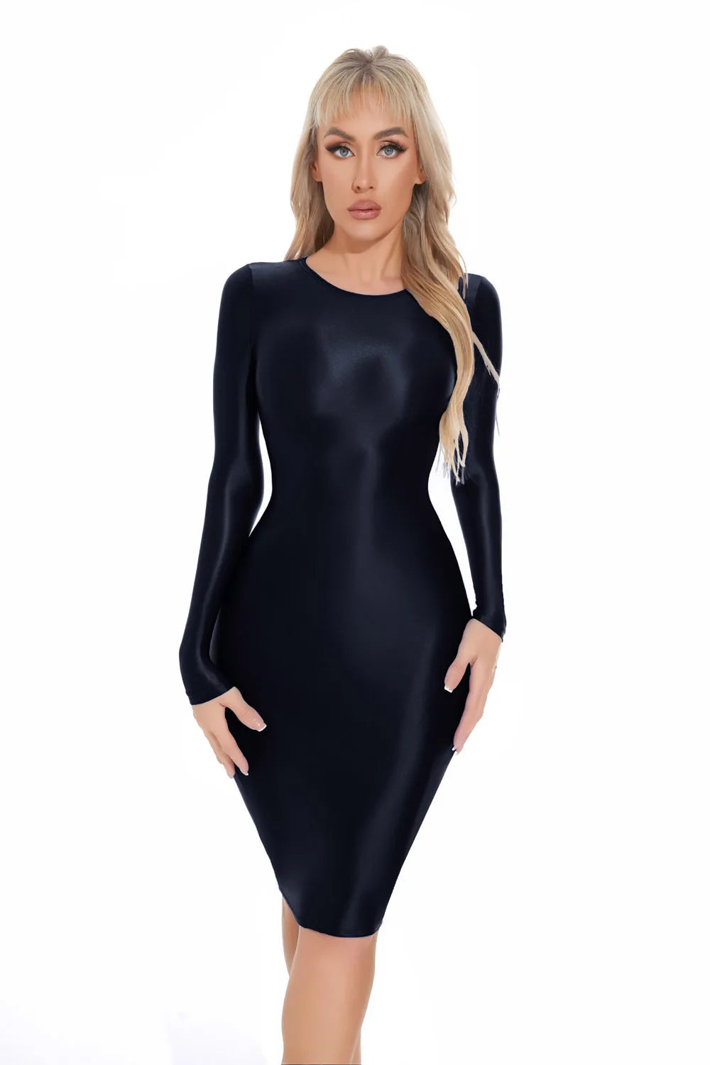 Shiny Long Sleeve Fitted Bodycon Midi Dress for Women