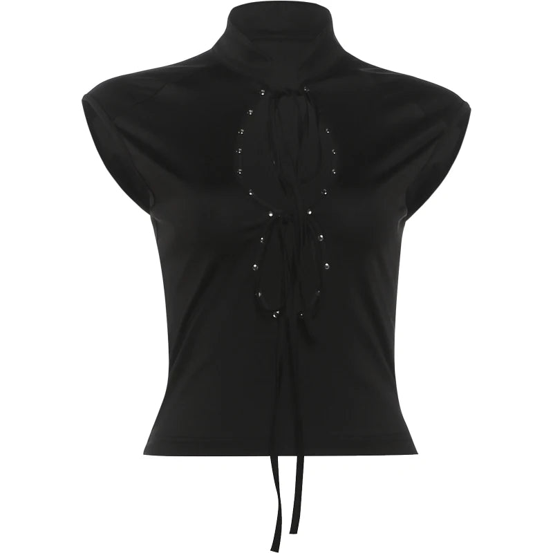 Rivet Stand Collar Cutout Bandage Tank Top for Women