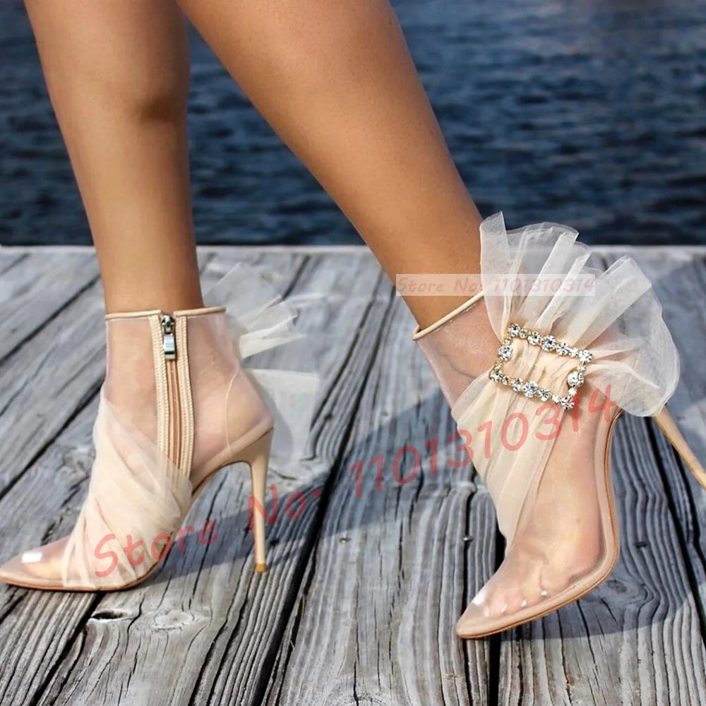 See Through Mesh Crystal Buckle Ankle Booties for Women