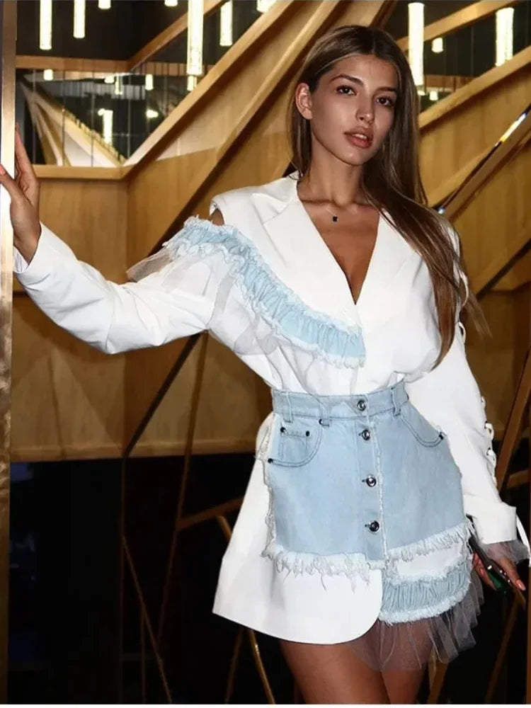 Stylish Patchwork Denim Mini Dresses Lace Deep V-neck Jacket Sexy Irregular Casual-chic Sexy Edgy Top Designers Streetwear