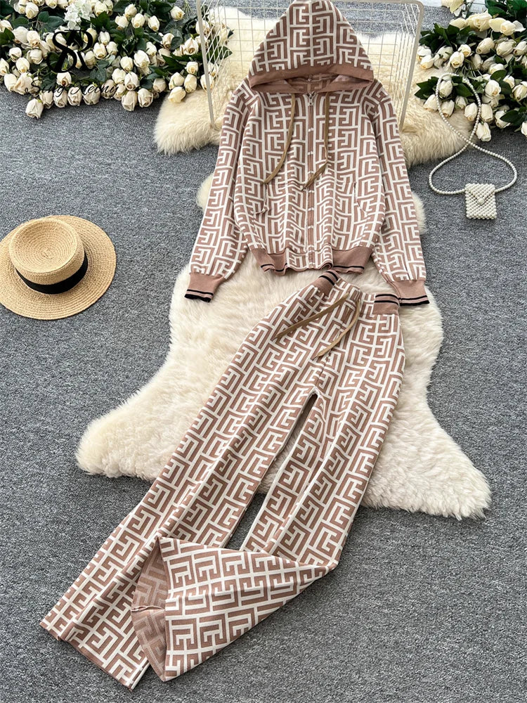 Geometric Print Hooded Knit Two Piece Set for Women