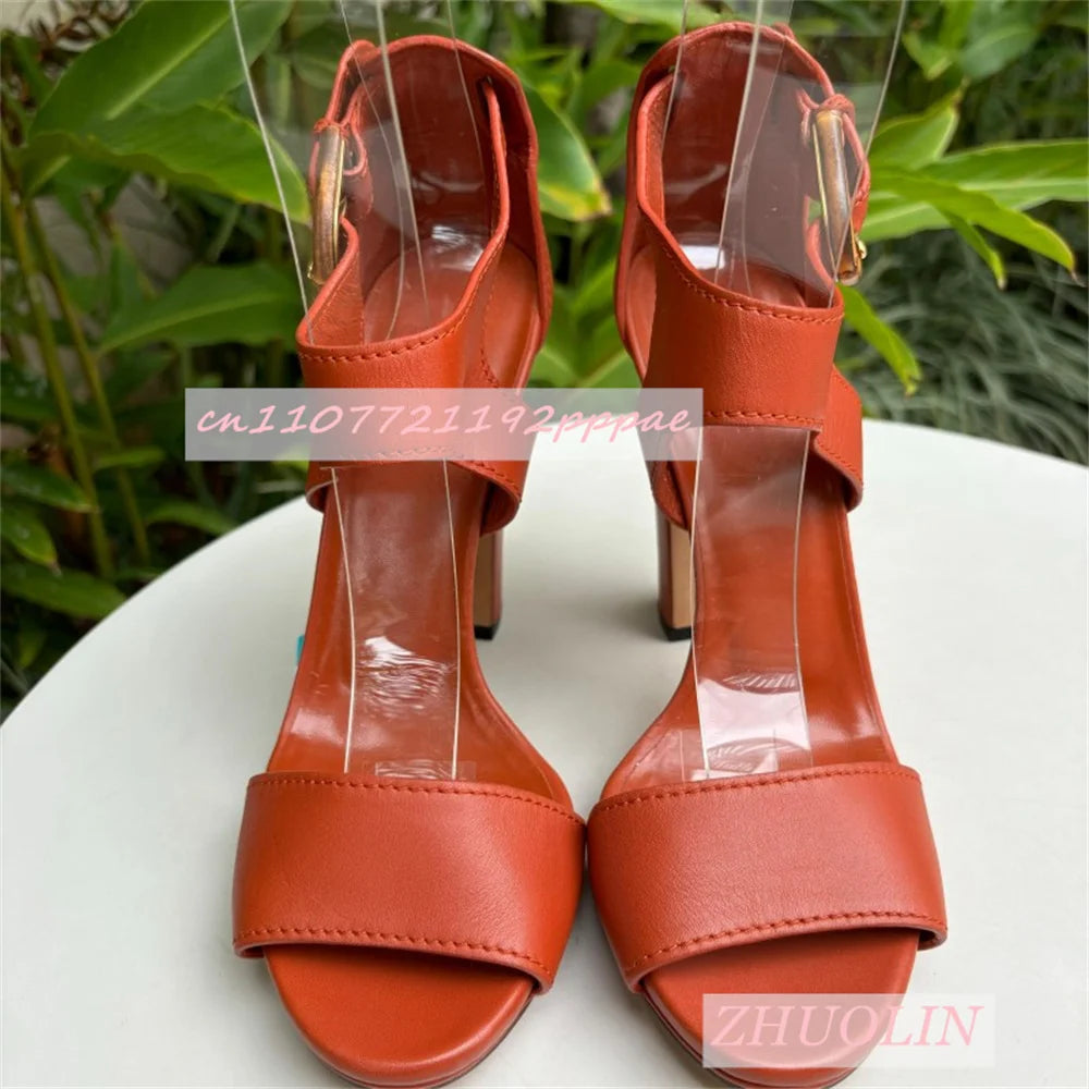 Orange Leather Block Heel Open Toe Buckle Strap Heels for Women