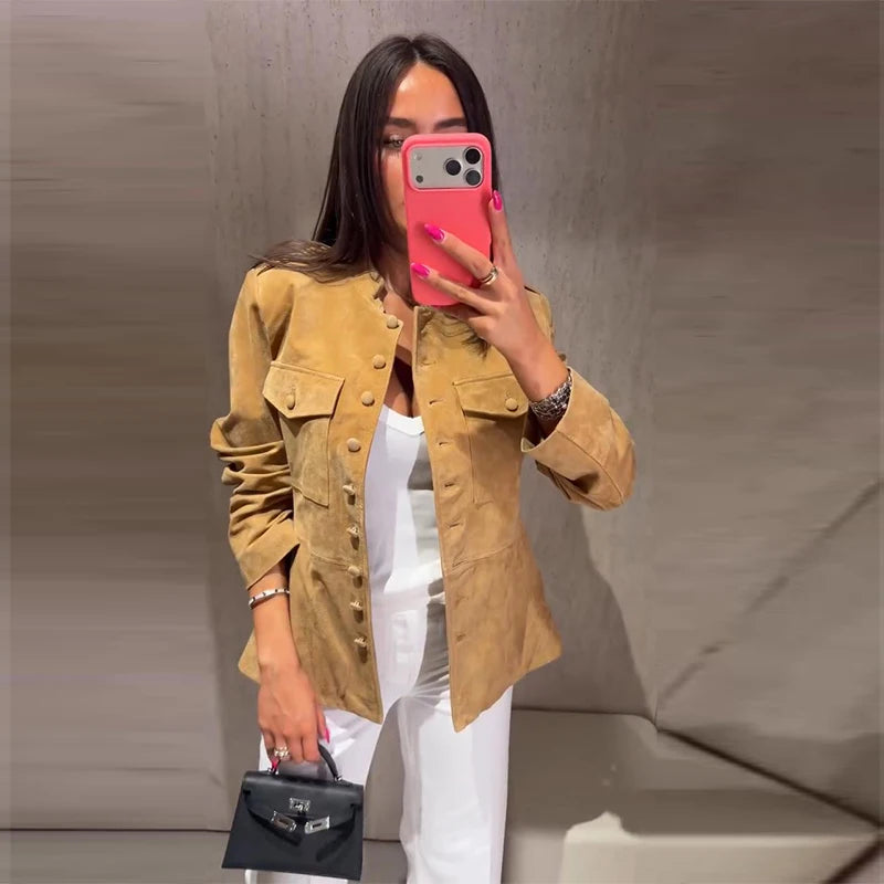 Vintage Stand Collar Single Breasted Military Coat For Women