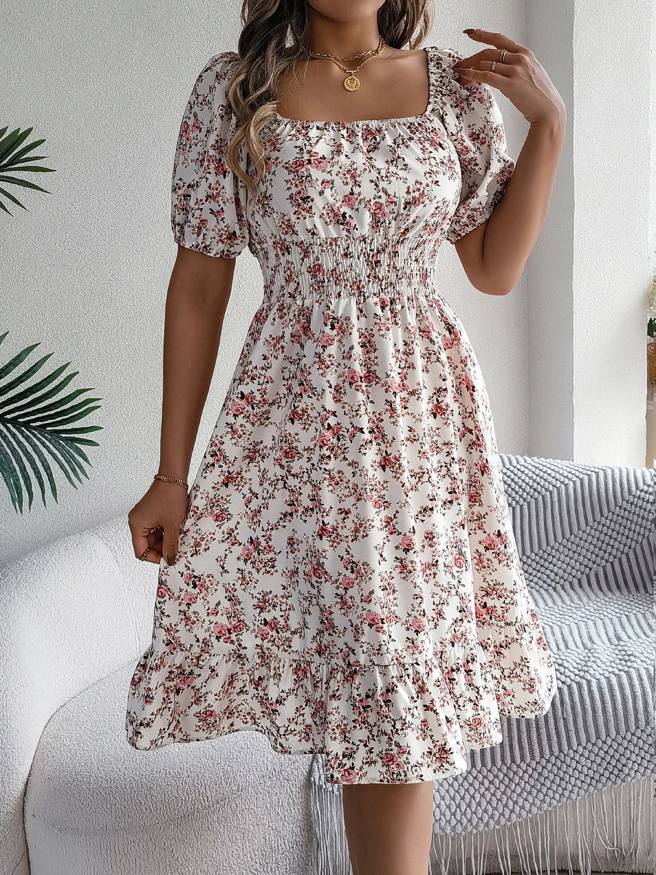 Floral Square Neck Short Sleeve High Waist Swing Dress for Women