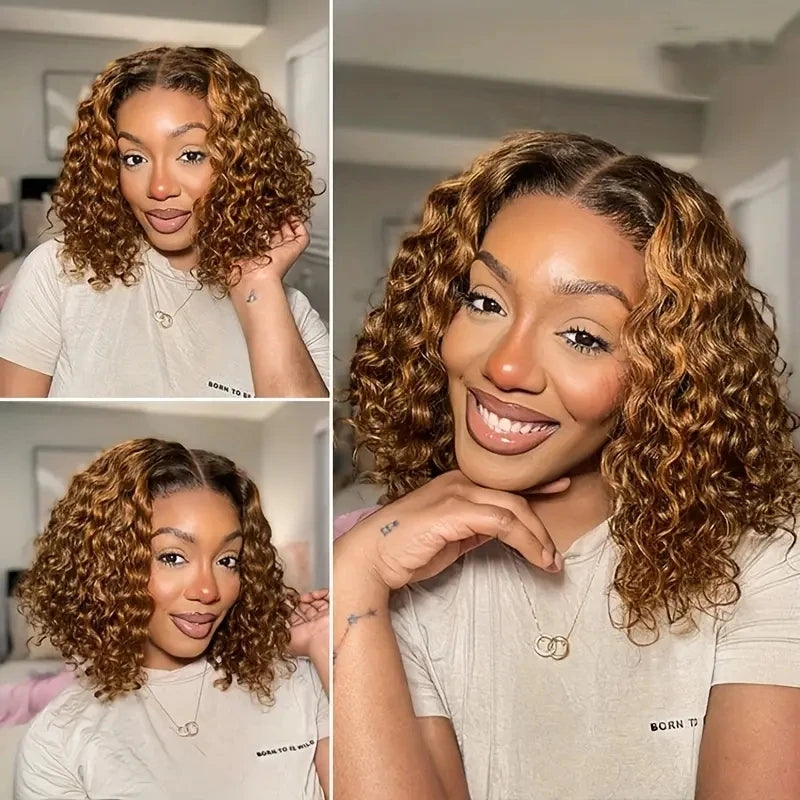 Ombre Deep Wave Bob Human Hair Lace Front Wig for Women