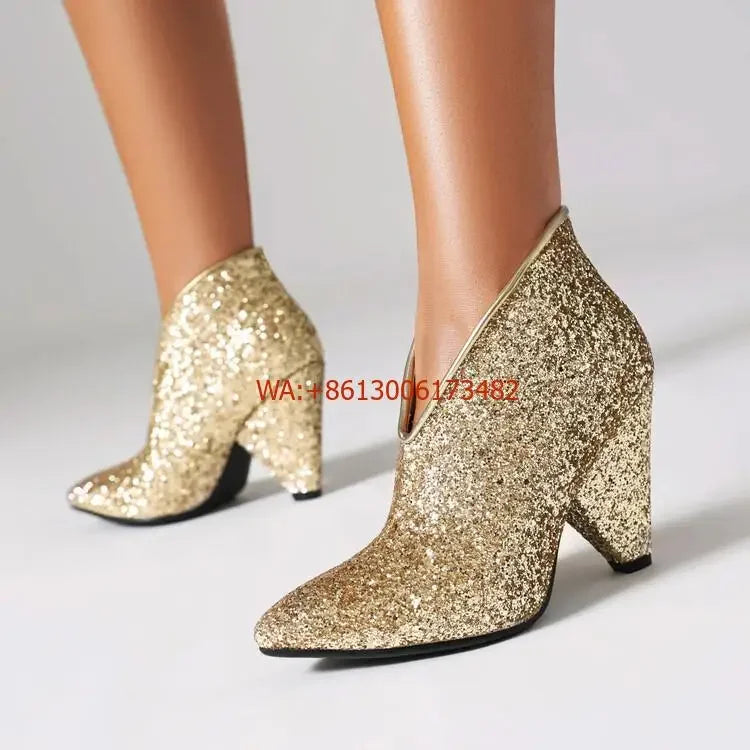 New Blingbling Pointed Toe Women Chunky Spike Heel Sequins Ankle Boots V Open Slip On Spike Heel Pointy Sequined Boots Size 43