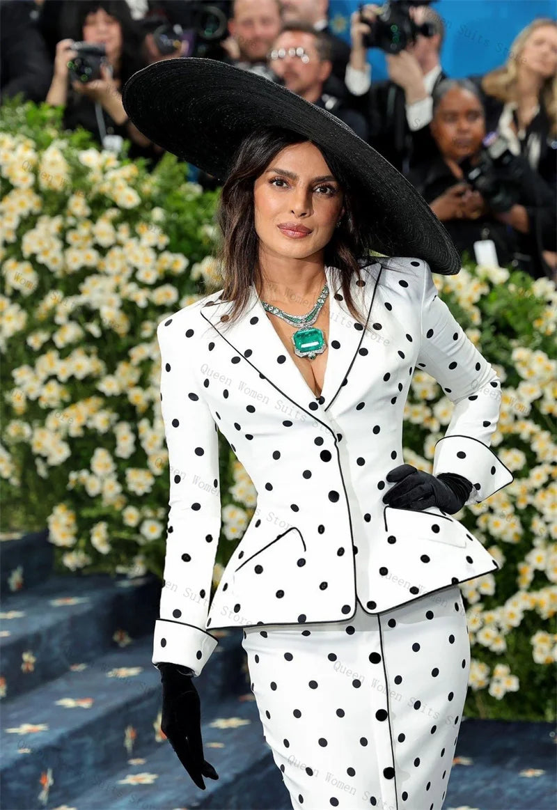 Classic White Polka Dot Two Piece Blazer Skirt Set For Women