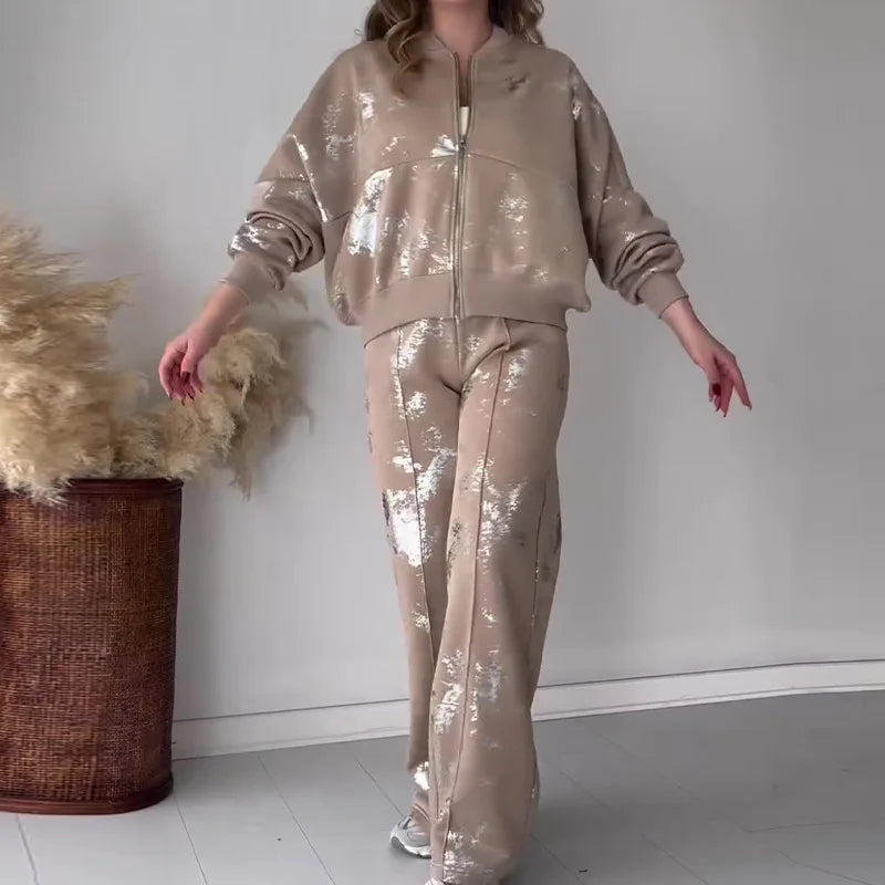 Two Piece Set Woman 2024 Summer New Streetwear Fashion Sequin Printed Zipper Casual Long Sleeves Hoodie and Pants Suit Female