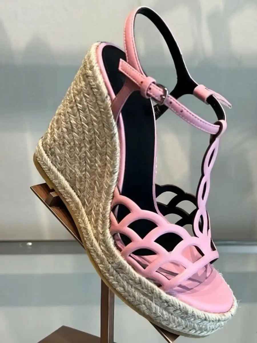 Leather Cutout T Strap Wedge Sandals