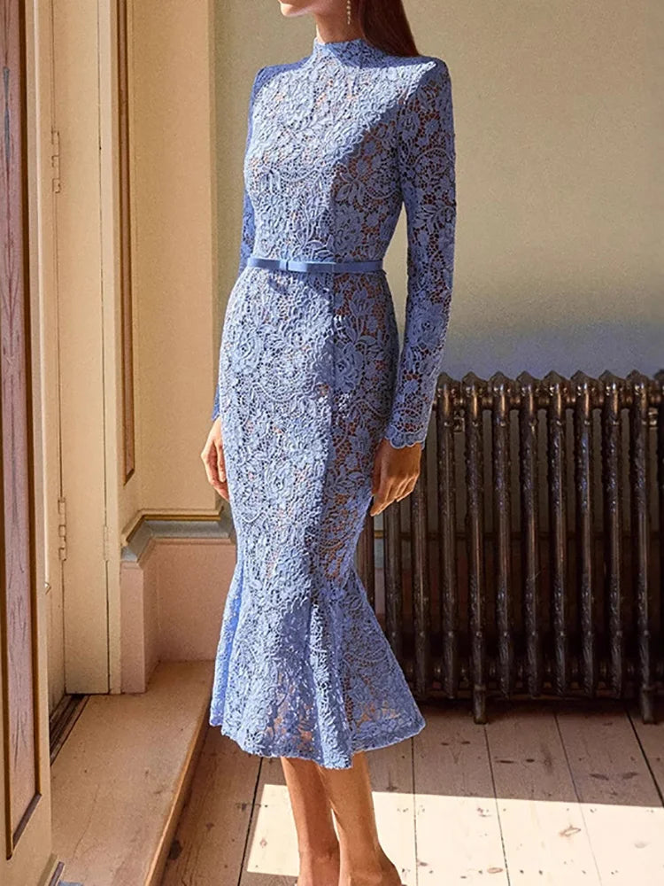 Holiday Round Neck Lace Mini Dress, Women Summer Solid Hollow Out High Street Party Dress, 2025 Full Sleeve Elegant Ladies Dress